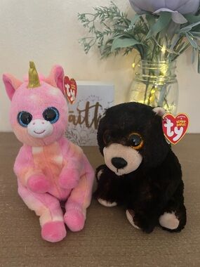 TY Beanies Babies Pink Unicorn & Black Bear